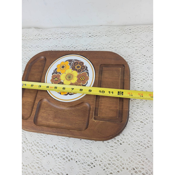 Vintage MCM Mid Century Floral Tile Wood Cheese Charcuterie Board Glass Dome - Picture 6 of 10